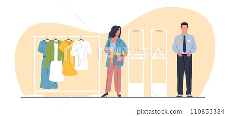 Woman steals things from store. Female character shoplifting in shop, Thief and security guard. Anti-theft sensor gate. Stealing clothes. Cartoon flat isolated vector kleptomania concept 110853384