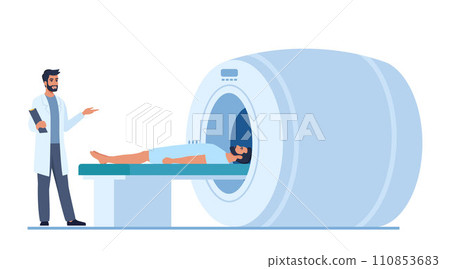 Patient Lying on MRI scan machine with doctor standing next to him. Magnetic Resonance Imaging. Doctor or nurse prepare for magnetic resonance imaging scan of patient. Vector illustration. 110853683