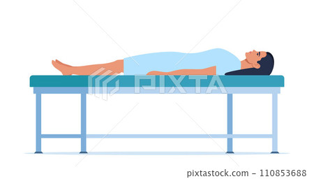 Patient lying on medical gurney. Hospital medical treatment. Patient waiting for doctor's examination. Vector illustration. Patient lying on medical gurney. Hospital medical treatment. Patient waiting for doctor's examination. Vector illustration. 110853688