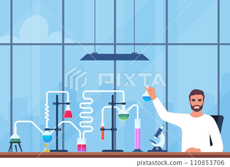 Scientist in chemistry laboratory working on research and exploration. Flasks, vials, test tubes with substance. Lab research, testing, studies in chemistry. Vector illustration. 110853706