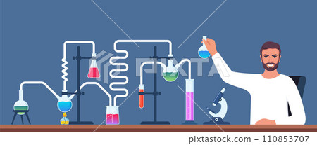 Scientist in chemistry laboratory working on research and exploration. Flasks, vials, test tubes with substance. Lab research, testing, studies in chemistry. Vector illustration. 110853707