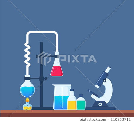 Chemical Laboratory with different glass flasks, vials, test-tubes with substance and reagents. Lab research, testing, studies in chemistry, physics, biology. Banner, poster. Vector illustration. 110853711