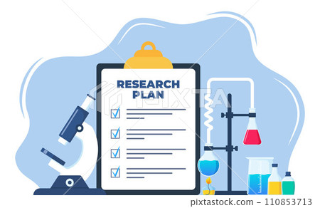 Chemical laboratory research plan on clipboard with checklist. Chemical Laboratory with different glass flasks, vials. Lab research, testing, studies in chemistry. Vector illustration. Chemical laboratory research plan on clipboard with checklist. Chemical Laboratory with different glass flasks, vials. Lab research, testing, studies in chemistry. Vector illustration. 110853713