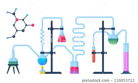 Chemical Laboratory with different glass flasks, vials, test-tubes with substance and reagents. Lab research, testing, studies in chemistry, physics, biology. Banner, poster. Vector illustration. Chemical Laboratory with different glass flasks, vials, test-tubes with substance and reagents. Lab research, testing, studies in chemistry, physics, biology. Banner, poster. Vector illustration. 110853722