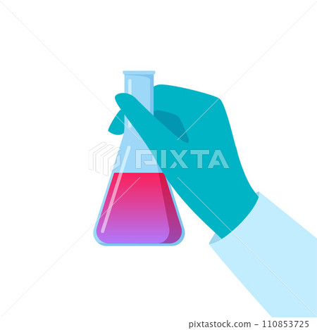Chemical flask in hand. Gloved hand holding a flask. Liquid in vial. Concept of vaccine, chemical experiments, medical research, science achievement. Vector illustration. 110853725