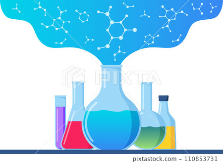 Transparent glassware with chemical reagents. Laboratory test tubes. Medical scientific research. Experiment equipment. Organic chemical compounds formulas. Vector illustration. 110853731