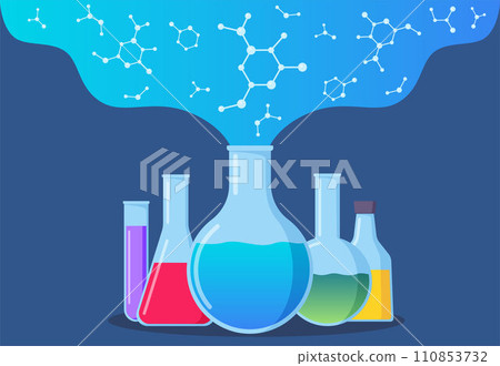 Transparent glassware with chemical reagents. Laboratory test tubes. Medical scientific research. Experiment equipment. Organic chemical compounds formulas. Vector illustration. 110853732