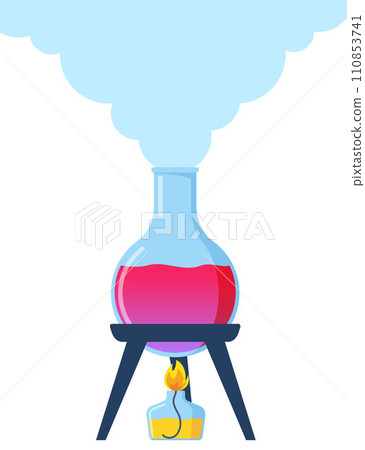 Test tube is heated over the fire of a spirit lamp, a burner. Chemistry, Scientific laboratory experiment. Combustion process, heating. Evaporation process. Vector illustration. Test tube is heated over the fire of a spirit lamp, a burner. Chemistry, Scientific laboratory experiment. Combustion process, heating. Evaporation process. Vector illustration. 110853741