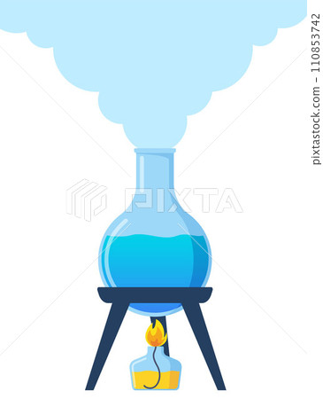 Test tube is heated over the fire of a spirit lamp, a burner. Chemistry, Scientific laboratory experiment. Combustion process, heating. Evaporation process. Vector illustration. Test tube is heated over the fire of a spirit lamp, a burner. Chemistry, Scientific laboratory experiment. Combustion process, heating. Evaporation process. Vector illustration. 110853742