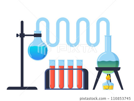 Test tube is heated over the fire of a spirit lamp, a burner. Chemistry, Scientific laboratory experiment. Combustion process, heating. Evaporation process. Vector illustration. Test tube is heated over the fire of a spirit lamp, a burner. Chemistry, Scientific laboratory experiment. Combustion process, heating. Evaporation process. Vector illustration. 110853745