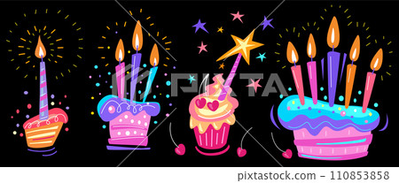 Birthday cakes in a fun hand drawn style 110853858