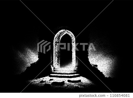 Ancient ruins in sci-fi scene with dotwork retro style. Mysterious gate debris with dramatic lights and retro texture 110854081