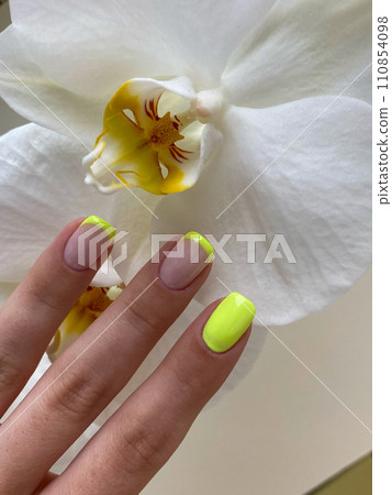 A woman's hand with a neon yellow and nude french manicure orchids on the background 110854098