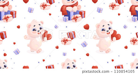 Seamless pattern with happy polar bears with gift boxes and heart on white background. Vector illustration in cartoon style. Holiday Valentine backdrop. Seamless pattern with happy polar bears with gift boxes and heart on white background. Vector illustration in cartoon style. Holiday Valentine backdrop. 110854105
