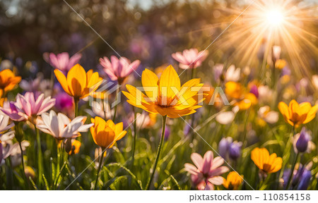Sunny spring field: Vibrant flowers under the sun Sunny spring field: Vibrant flowers under the sun 110854158