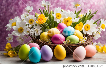 Easter elegance: Still life with eggs and flowers 110854175
