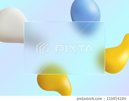 Glass morphism landing page with rectangular glass frame and colorful abstract shapes. Glass morphism landing page with rectangular glass frame and colorful abstract shapes. 110854284