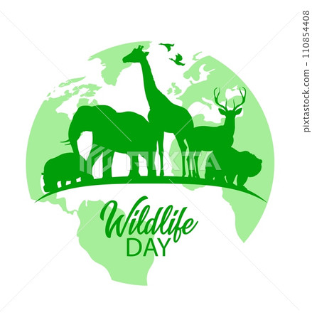 Wildlife day vector poster, wild animals green silhouettes on Earth globe. Biological diversity hippo, bear, giraffe and elephant with deer and ducks forest and african animals planet fauna holiday 110854408