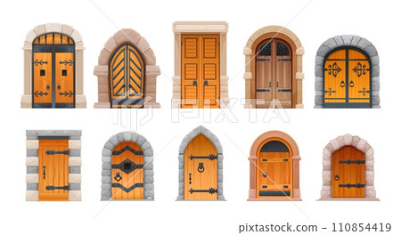 Cartoon Medieval castle gates, wooden doors and arch entrance, vector old doorway. Ancient dungeon doors or vintage house gates, antique architecture of closed gateway with wooden door and iron gate Cartoon Medieval castle gates, wooden doors and arch entrance, vector old doorway. Ancient dungeon doors or vintage house gates, antique architecture of closed gateway with wooden door and iron gate 110854419