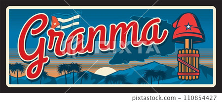 Granma, Cuban region plate, vintage travel plaque and sticker with vector flag and coat of arms Phrygian cap, mountain landscape, mariposa sign and sunset or sunrise 110854427
