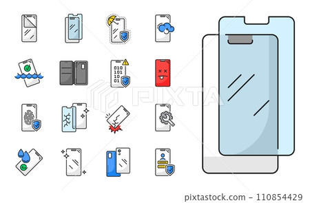 Smartphone glass protection and insurance icons, mobile phone screen repair service, vector line symbols. Smartphone glass protection form water and scratch, protective case for mobile phone 110854429