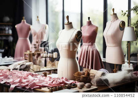 Modern sewing workshop with mannequins and various fabrics, workplace of tailor and designer Modern sewing workshop with mannequins and various fabrics, workplace of tailor and designer 110854452