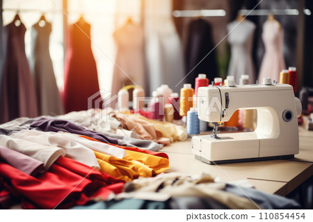 Sewing machine surrounded by bright fabrics and threads in a tailor's workshop. Workplace for designer and tailor. Sewing machine surrounded by bright fabrics and threads in a tailor's workshop. Workplace for designer and tailor. 110854454