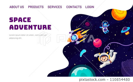 Space galaxy adventure landing page. Cartoon kid spaceman, alien, UFO and flying rocket between space planets vector website background. Cute astronauts characters on starry sky with comets, asteroids Space galaxy adventure landing page. Cartoon kid spaceman, alien, UFO and flying rocket between space planets vector website background. Cute astronauts characters on starry sky with comets, asteroids 110854480