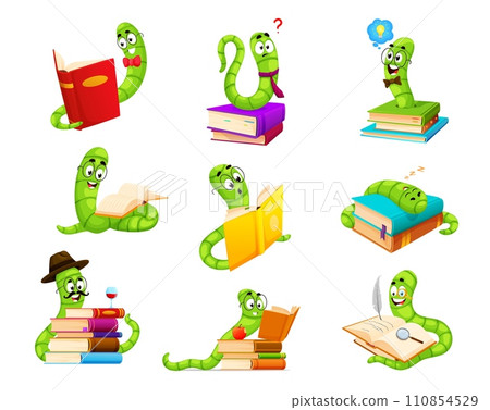 Cartoon bookworm characters. Funny cute book worm animals, green caterpillar or earthworm vector personages reading, studying, sleeping, writing and drawing with glasses, quill pen, magnifying glass Cartoon bookworm characters. Funny cute book worm animals, green caterpillar or earthworm vector personages reading, studying, sleeping, writing and drawing with glasses, quill pen, magnifying glass 110854529