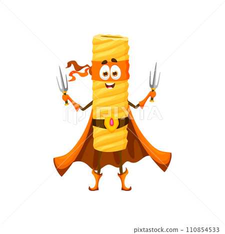 Cartoon tortiglioni pasta superhero character. Isolated vector dynamic and fun super hero food personage wear orange cape and mask, ready to save the world with its noodle-inspired powers and weapon Cartoon tortiglioni pasta superhero character. Isolated vector dynamic and fun super hero food personage wear orange cape and mask, ready to save the world with its noodle-inspired powers and weapon 110854533