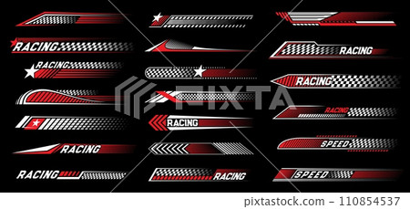 Red race sport car stripe stickers and racing line decals, vector speed auto art. Car race decals stickers with checkered flag for rally ride, drag racing and drift with arrow and stars Red race sport car stripe stickers and racing line decals, vector speed auto art. Car race decals stickers with checkered flag for rally ride, drag racing and drift with arrow and stars 110854537