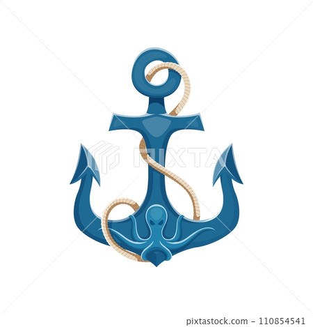 Cartoon pirate ship anchor. Isolated vector formidable armature adorned with octopus engraving and rope, heavy relic of the high seas. Its massive flukes evoke tales of plunder and maritime adventures Cartoon pirate ship anchor. Isolated vector formidable armature adorned with octopus engraving and rope, heavy relic of the high seas. Its massive flukes evoke tales of plunder and maritime adventures 110854541