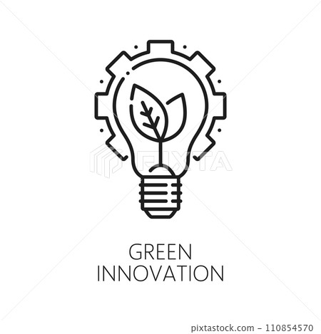 Green innovation line icon for eco energy and alternative power, leaf and light bulb vector outline symbol. Natural green energy, alternative power generation or renewable source innovation technology 110854570