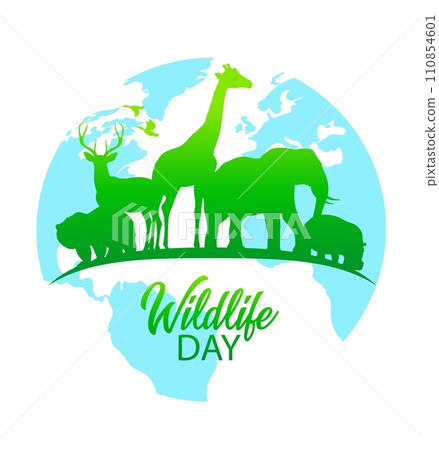 World wildlife day holiday celebration banner or poster with grizzly bear, deer and giraffe, elephant, hippopotamus wild animals green silhouettes on background of planet Earth blue globe vector 110854601