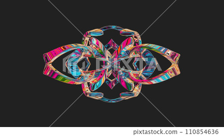 Centrally placed curved and very colorful artfully multi-layered textured abstract symmetrical shape - 3d illustration Centrally placed curved and very colorful artfully multi-layered textured abstract symmetrical shape - 3d illustration 110854636