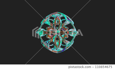 Centrally placed curved and very colorful artfully multi-layered textured abstract symmetrical shape - 3d illustration Centrally placed curved and very colorful artfully multi-layered textured abstract symmetrical shape - 3d illustration 110854675