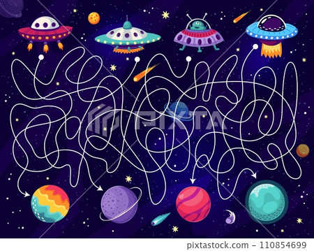 Space labyrinth maze game, help to alien UFO find planet, vector quiz puzzle for kids. Help to Martians in UFO saucer find way to planets in tangled path in galaxy on cartoon labyrinth maze worksheet 110854699