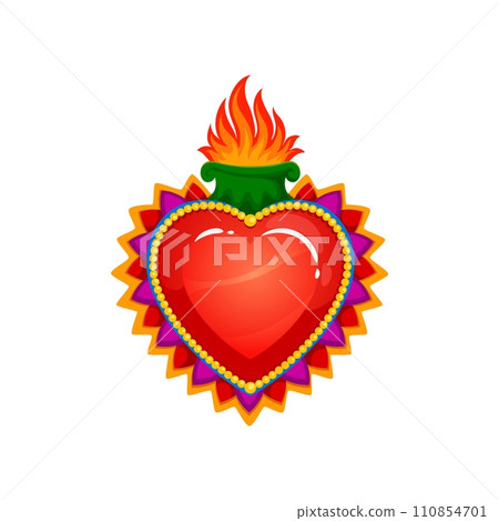 Mexican sacred heart with burning fire flames, tattoo and religion symbol, vector icon. Sacred heart or Corazon Milagro, Mexican Catholic religion sign of Jesus and God love or divine miracle 110854701