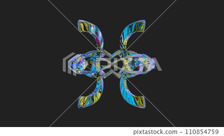 Centrally placed curved and very colorful artfully multi-layered textured abstract symmetrical shape - 3d illustration 110854759