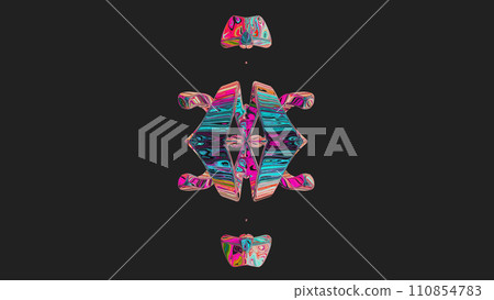 Centrally placed curved and very colorful artfully multi-layered textured abstract symmetrical shape - 3d illustration 110854783
