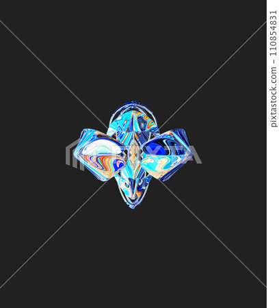 Centrally placed curved and very colorful artfully multi-layered textured abstract symmetrical shape - 3d illustration 110854831