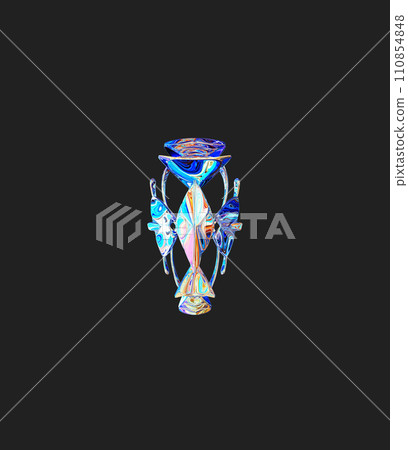 Centrally placed curved and very colorful artfully multi-layered textured abstract symmetrical shape - 3d illustration 110854848