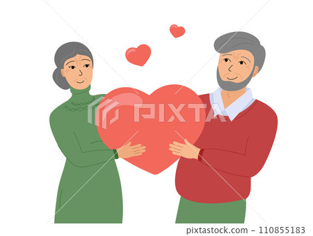 Elderly Couple in love. Senior people in romantic relationship. Retired woman and man holding big heart together. Happy mature lovers. Sweethearts flat vector illustration for Valentines Day Elderly Couple in love. Senior people in romantic relationship. Retired woman and man holding big heart together. Happy mature lovers. Sweethearts flat vector illustration for Valentines Day 110855183