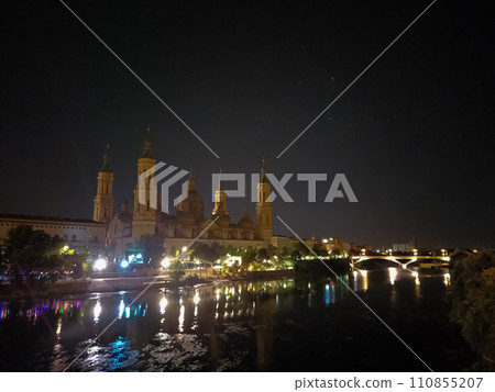 Saragossa city night view, Spain. Zaragoza cathedral. 110855207