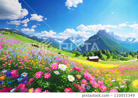 高山花田與藍天的插圖 高山花田與藍天的插圖 110855349