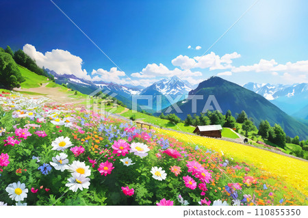 高山花田與藍天的插圖 高山花田與藍天的插圖 110855350