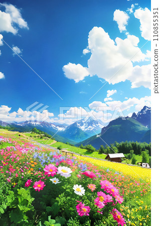 高山花田與藍天的插圖 高山花田與藍天的插圖 110855351