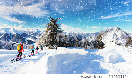 People skiing at a snowy ski resort 110855394