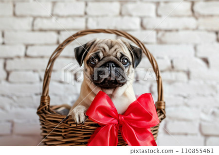Cute pug puppy with red bow in basket, rustic brick wall on background Cute pug puppy with red bow in basket, rustic brick wall on background 110855461
