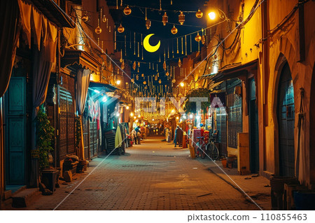 Old traditional arabic street in night with ramadan garlands and crescent moon 110855463